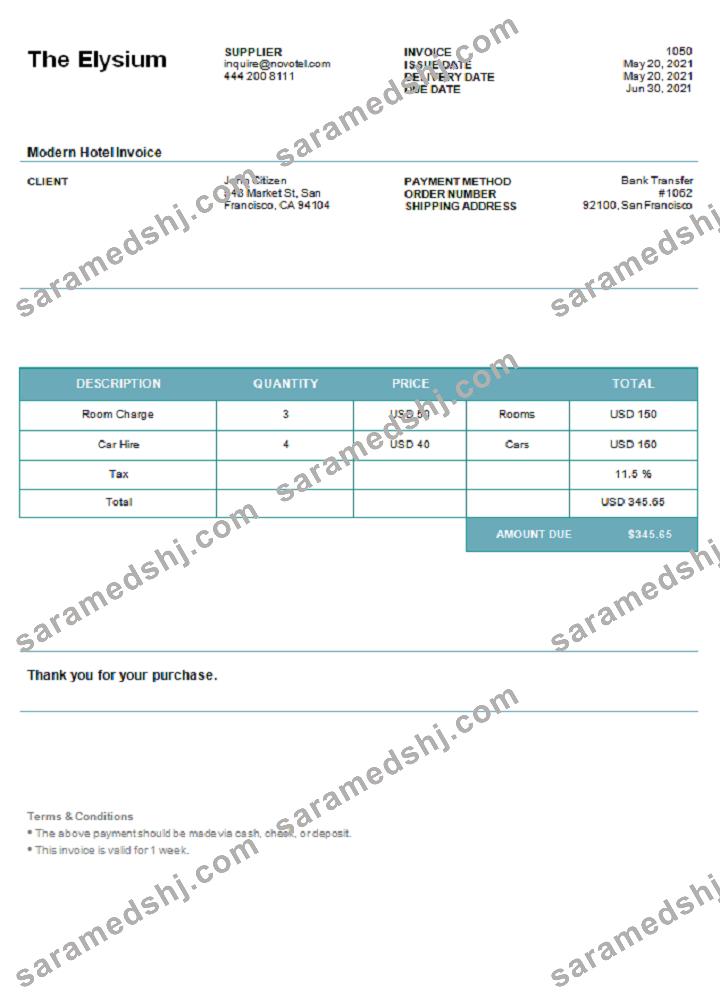 USA The Elysium invoice